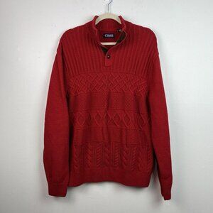 Chaps Cable Knit‎ Sweater Mens XL Red 1/4 Button Suede Accent Grandpacore Retro